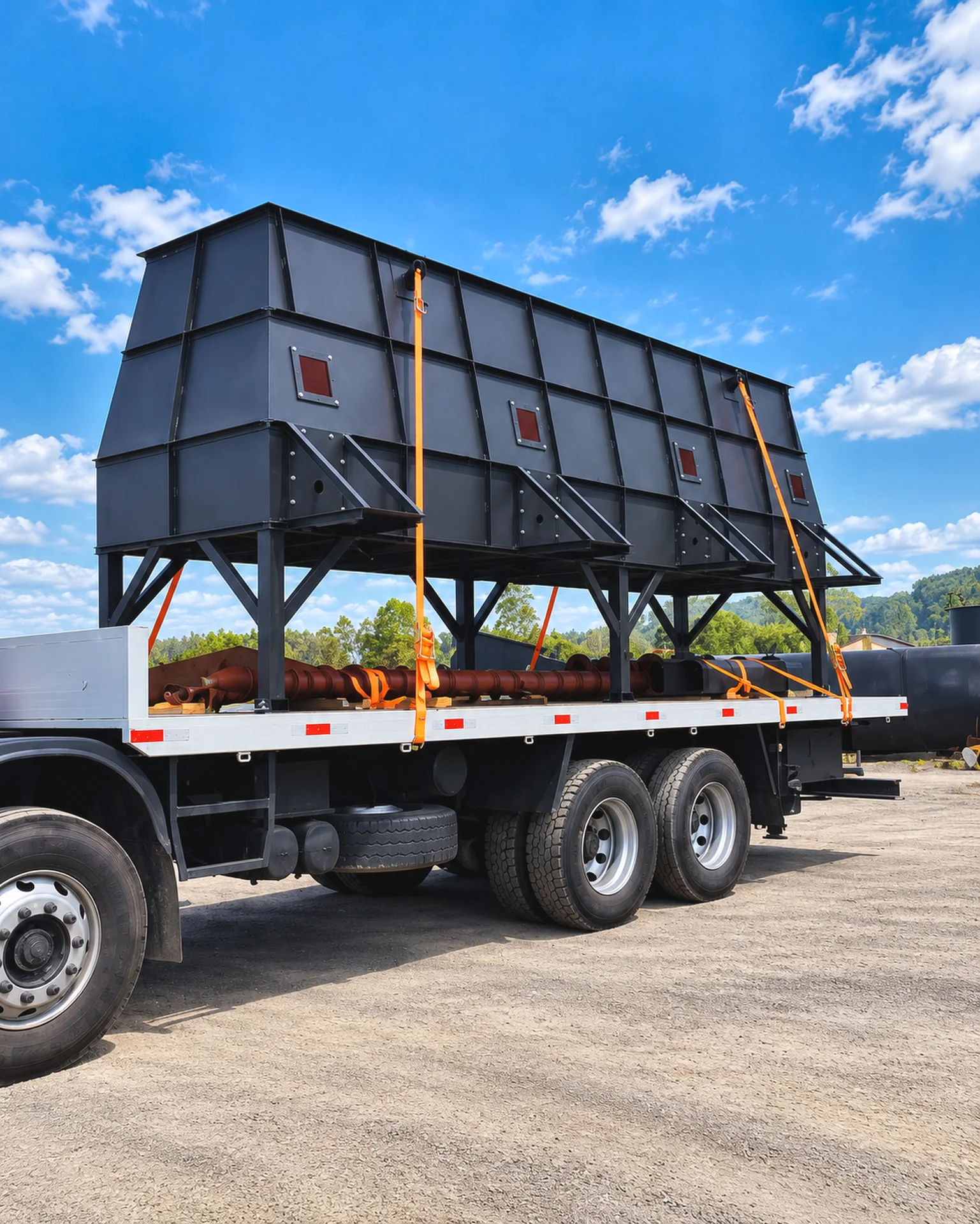 Grande equipamento industrial transportado sobre caminhão