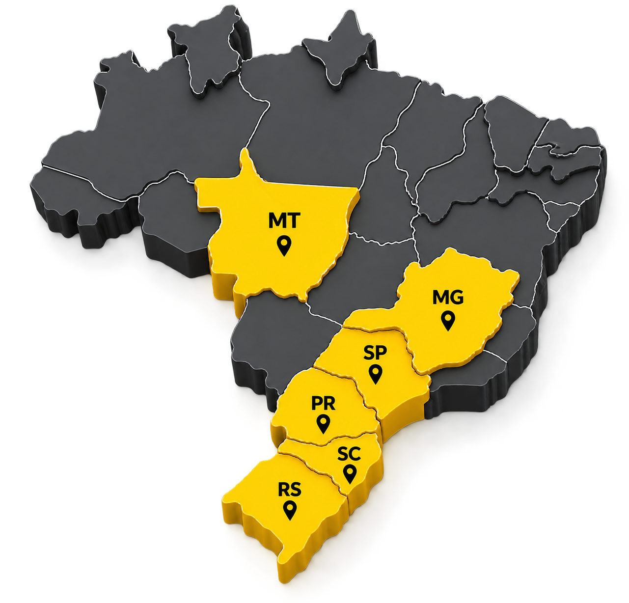 Mapa tridimensional do Brasil com Mato Grosso, Minas Gerais, São Paulo, Paraná, Santa Catarina e Rio Grande do Sul destacados em amarelo